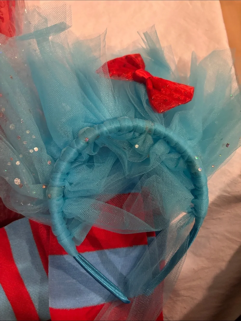 Large Blue & Red Tulle Headband and Striped Leg Warmers Costume Set